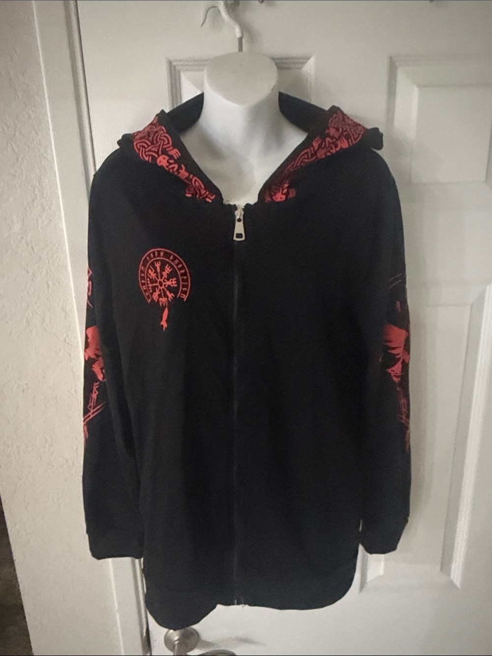 Men's Black Hooded Zip Jacket with Red Graphic Accents